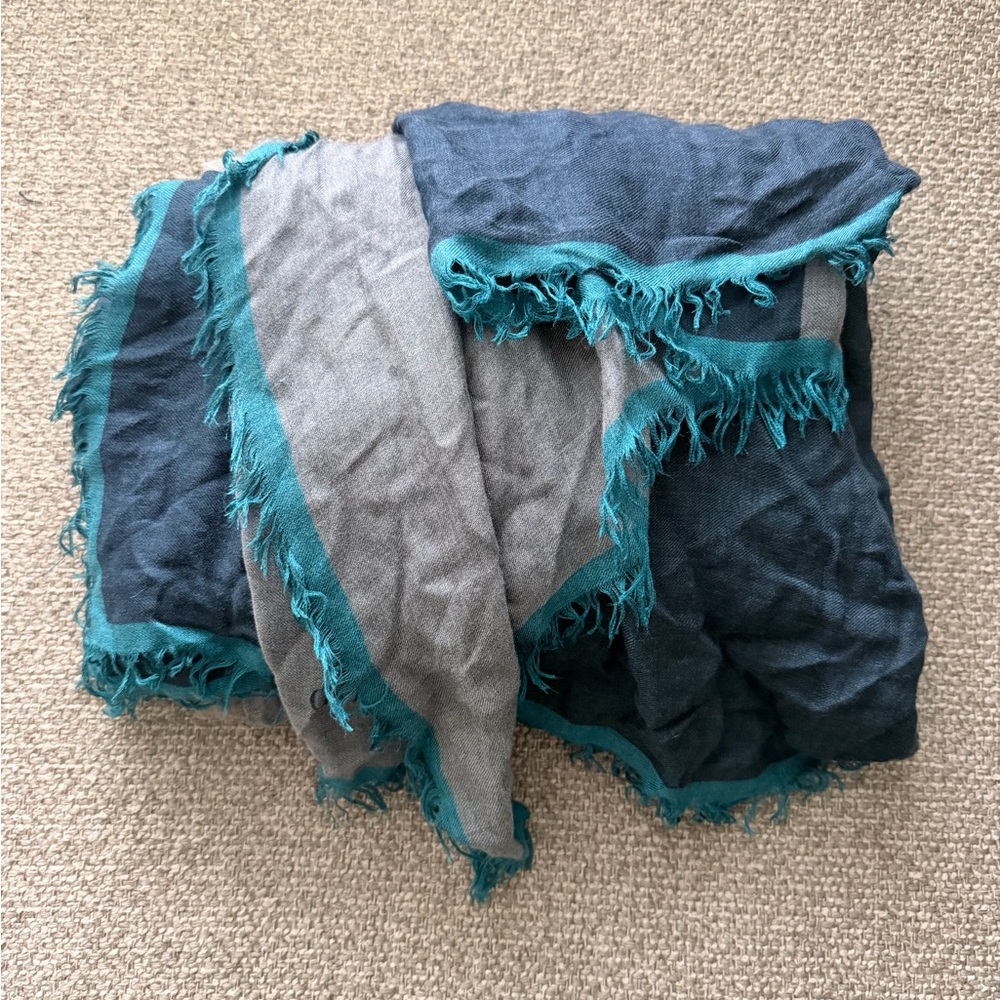 Giorgio Armani Teal and Blue and Grey Fringed Silk Blend Men’s Scarf - Picture 6 of 6